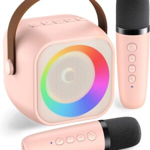 Karaoke Machine for Kids Adults, Mini Portable Bluetooth Karaoke Speaker with 2 Wireless Microphone and Lights, Birthday Gifts for Girls Ages 4, 5, 6, 7, 8, 9, 10, 12+ Family Home Party
