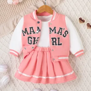 2pcs Girls' Cotton Blend Preppy Alphabet Print Varsity Baseball